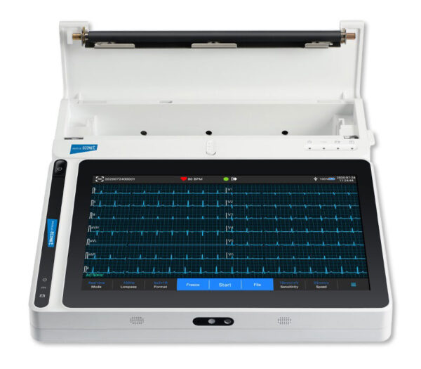 Medical Econet Cardio M-Pad 10 12-Kanal Tablet-EKG – Ansicht mit Dockingstation mit geöffnetem Drucker