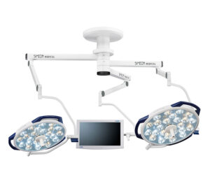 SIMEON Sim.LED 700 / 700 OP-Doppel-Leuchte + Sim.SCREEN Halterung – MultiColor (MC) mit FLEX Tragarmsystem (Abb. zeigt Ausführung mit Handgriffen, Lieferung ohne Monitor)