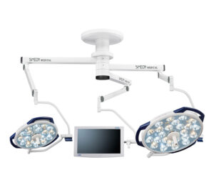 SIMEON Sim.LED 700 / 500 OP-Doppel-Leuchte + Sim.SCREEN Halterung – MultiColor (MC) mit FLEX Tragarmsystem (Abb. zeigt Ausführung mit Handgriffen, Lieferung ohne Monitor)