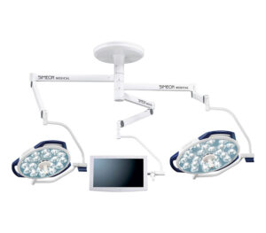 SIMEON Sim.LED 700 / 500 OP-Doppel-Leuchte + Sim.SCREEN Halterung – SingleColor (SC) mit Standard Tragarmsystem (Abb. zeigt Ausführung mit Handgriffen, Lieferung ohne Monitor)