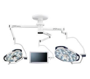 SIMEON Sim.LED 700 / 450 OP-Doppel-Leuchte + Sim.SCREEN Halterung – MultiColor (MC) mit FLEX Tragarmsystem (Abb. zeigt Ausführung mit Handgriff (rechts) und Kamera (links), Lieferung ohne Monitor)