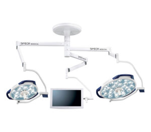 SIMEON Sim.LED 700 / 450 OP-Doppel-Leuchte + Sim.SCREEN Halterung – SingleColor (SC) mit Standard Tragarmsystem (Abb. zeigt Ausführung mit Handgriffen, Lieferung ohne Monitor)