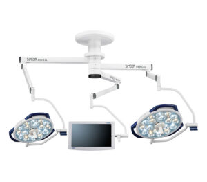 SIMEON Sim.LED 500 / 500 OP-Doppel-Leuchte + Sim.SCREEN Halterung – MultiColor (MC) mit FLEX Tragarmsystem (Abb. zeigt Ausführung mit Handgriffen, Lieferung ohne Monitor)