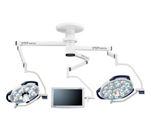 SIMEON Sim.LED 450 / 500 OP-Doppel-Leuchte + Sim.SCREEN Halterung – MultiColor (MC) mit FLEX Tragarmsystem (Abb. zeigt Ausführung mit Handgriff (rechts) und Kamera (links), Lieferung ohne Monitor)