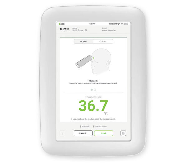 MESI Erweiterungsmodul Thermometer für mTABLET – Displayansicht (Anwendungsbeispiel, Lieferung ohne Tablet)